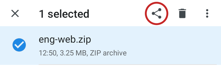The Android Files app with eng-web.zip selected and the Share icon in the top bar circled in red